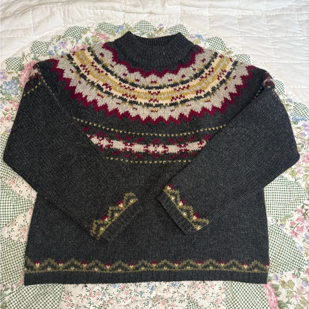 Vintage Y2K American Eagle 100% Wool Fair Isle Sweater Womens L Mock Neck Gray
